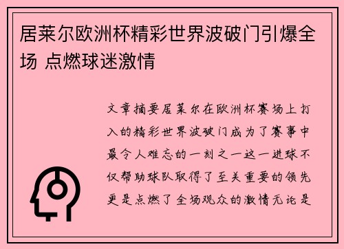 居莱尔欧洲杯精彩世界波破门引爆全场 点燃球迷激情