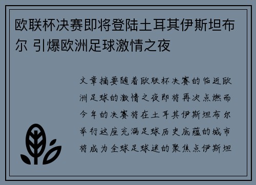 欧联杯决赛即将登陆土耳其伊斯坦布尔 引爆欧洲足球激情之夜